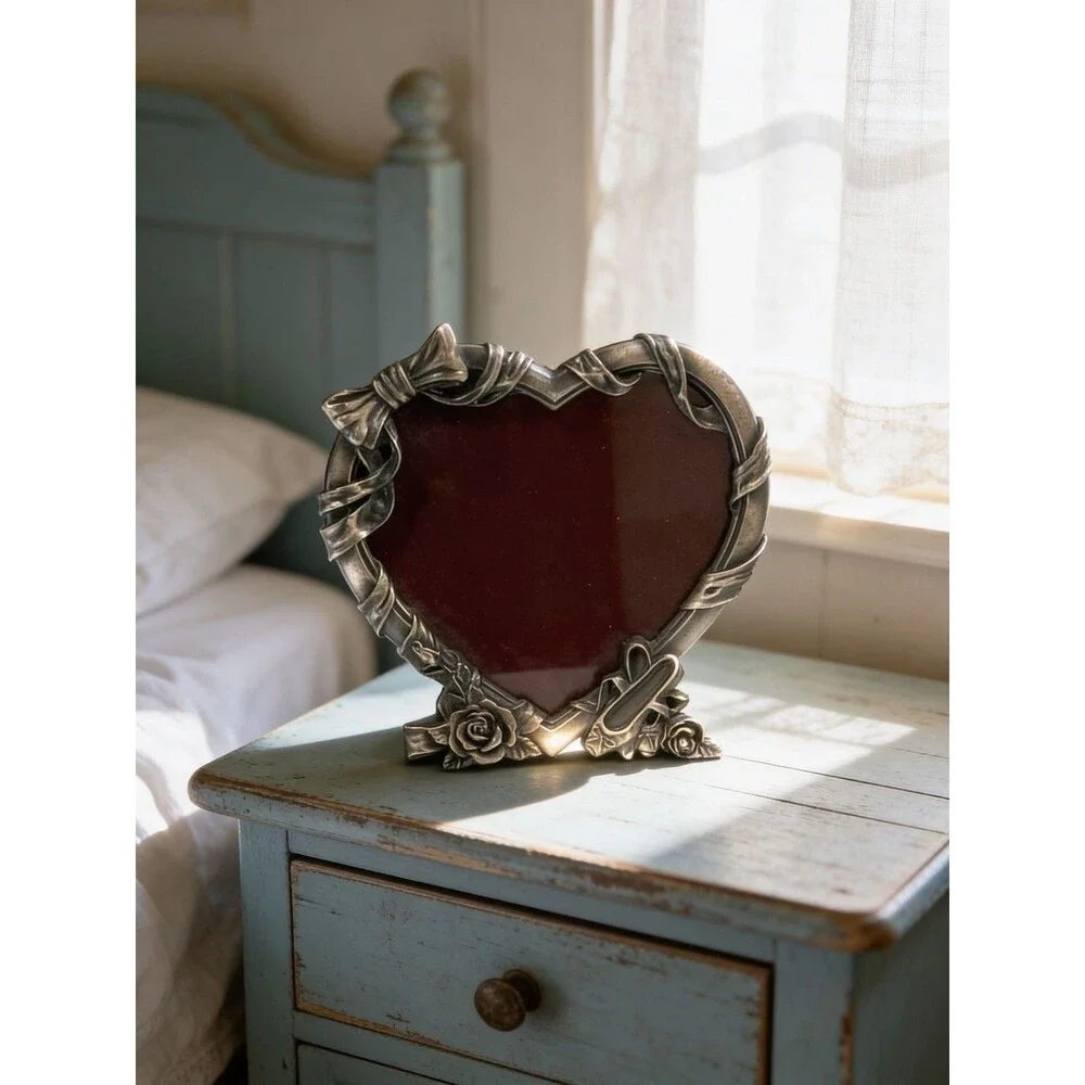 Vintage Pewter Heart Shaped Photo Frame with Rose and Bow Motif